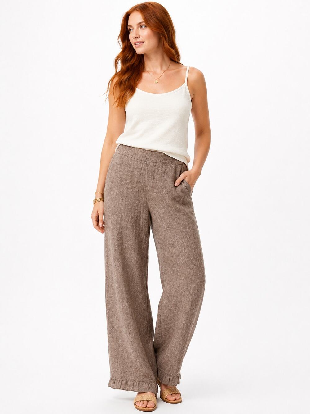 LR4309 Chicos Linen Blend Pull On Crop Pants Size 0 Taupe Brown Wide Leg Casual